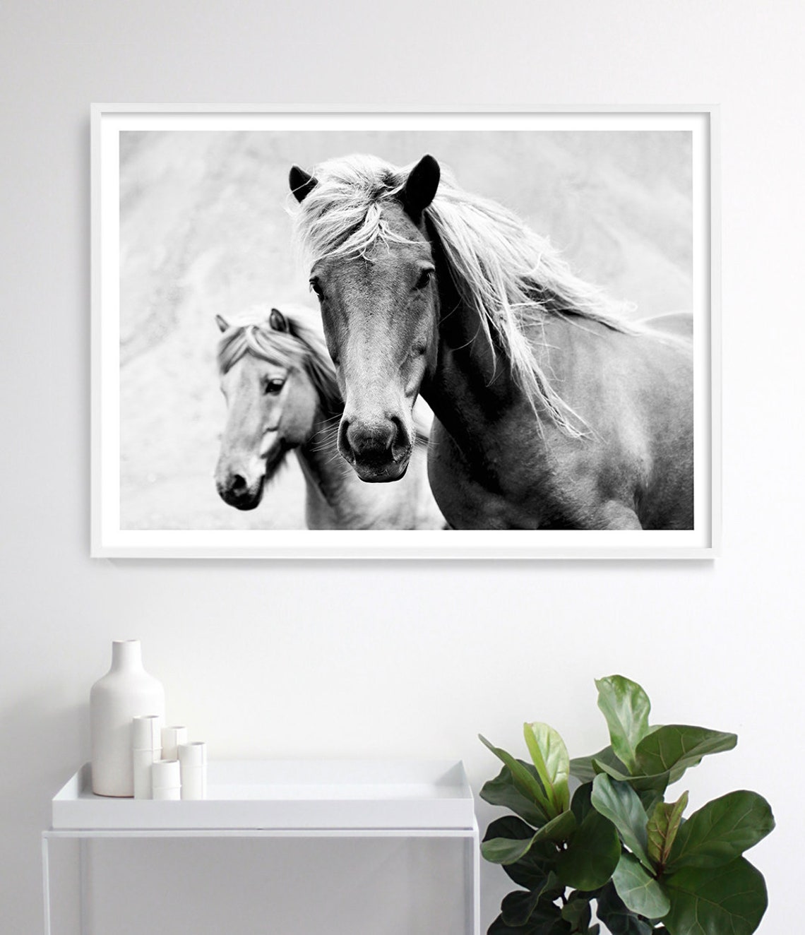 Black And White Horses Pair Portrait Wind Blown Mane Fine Art Print - Image 3