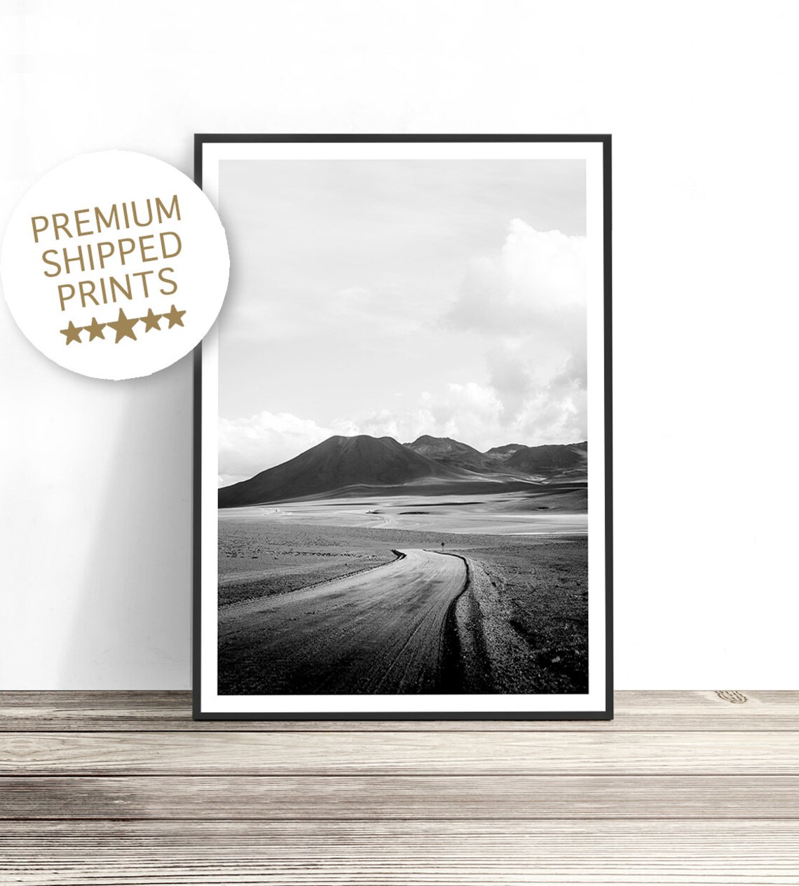 Black And White Desert Road Winding Mountains Landscape Travel Poster