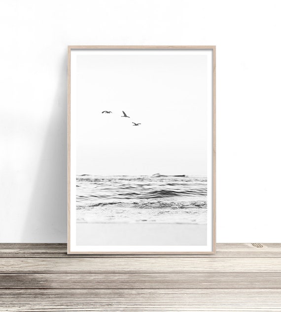 Black and White Beach Ocean Photography Art Print