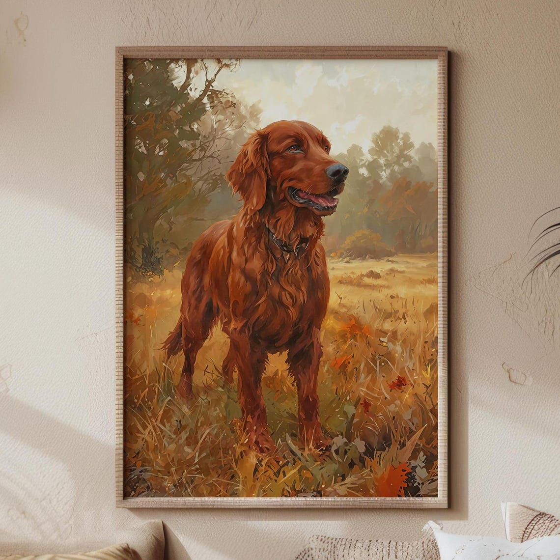 Irish Setter Standing in Golden Field Rustic Dog Painting Poster