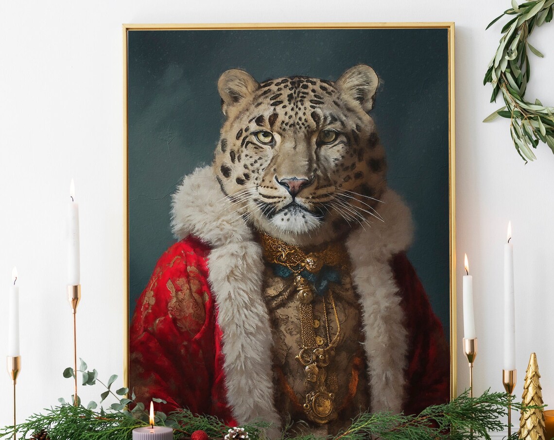 Christmas Snow Leopard Vintage Portrait Art Print
