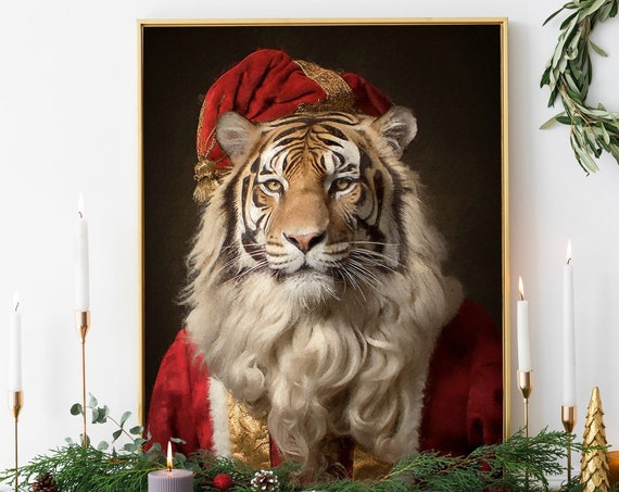 Christmas Tiger Vintage Portrait, Holiday Art Print