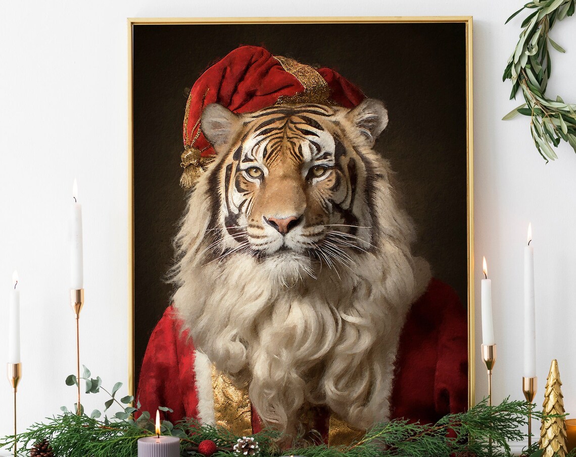 Christmas Tiger Vintage Portrait, Holiday Art Print