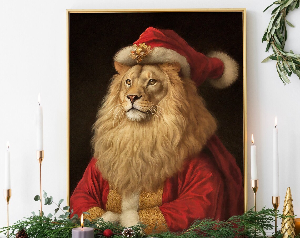 Christmas Lion Vintage Portrait Poster, Renaissance Style