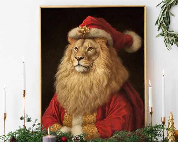 Christmas Lion Vintage Portrait Poster, Renaissance Style