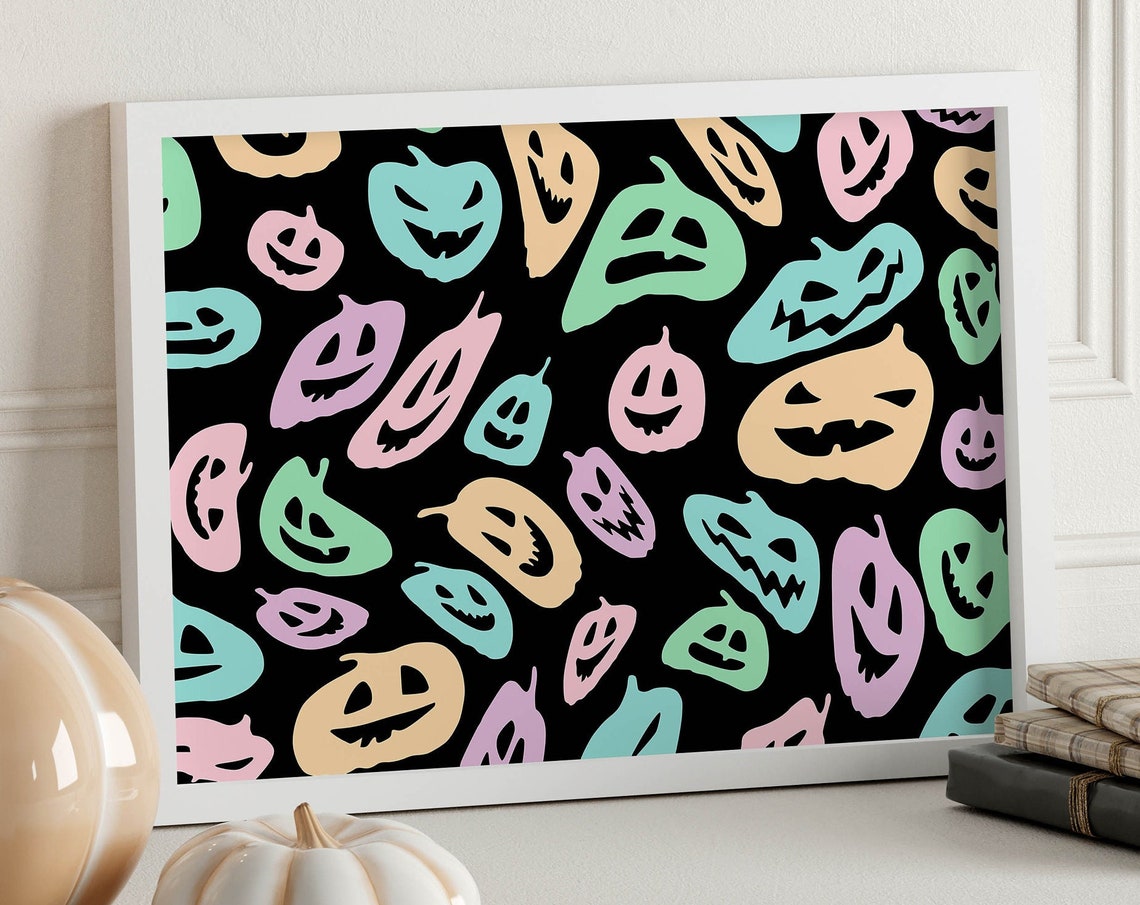 Pastel Jack-o-Lantern Pumpkin Pattern Black Halloween Wall Poster