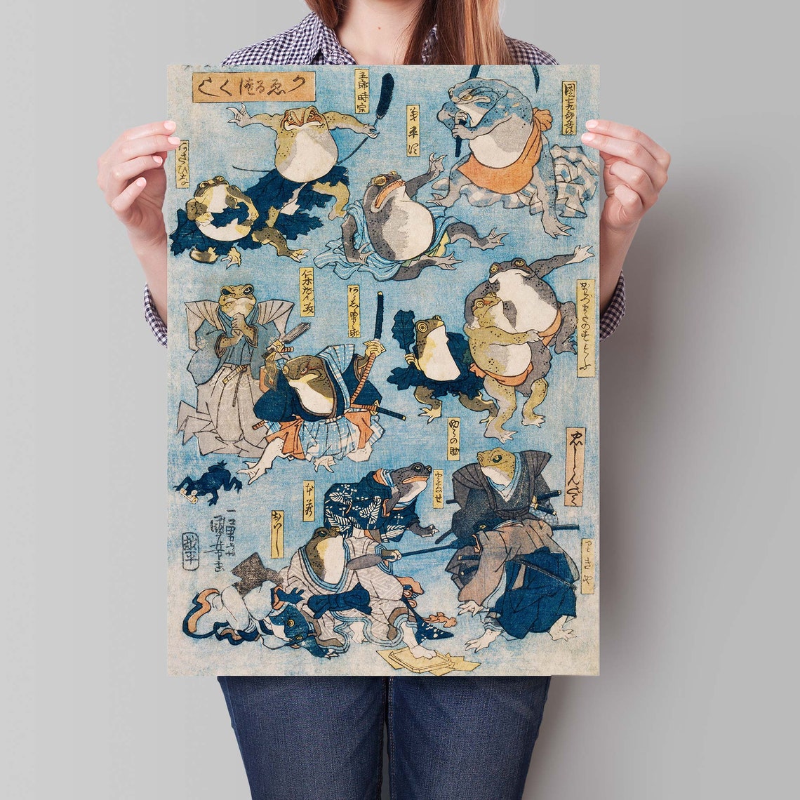 Utagawa Kuniyoshi Frogs Samurai Kabuki Playful Woodblock Poster - Image 2