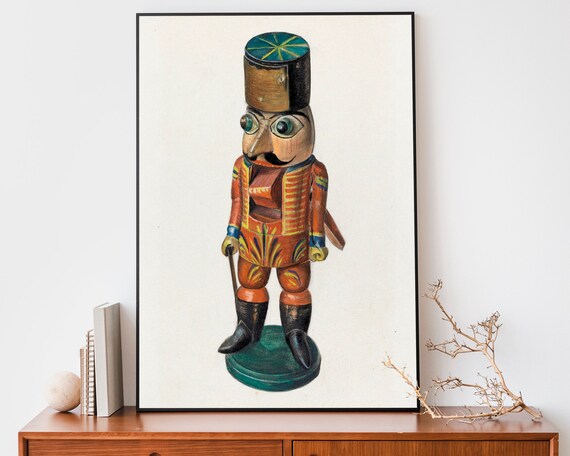 Vintage Folk Art Nutcracker Soldier Toy Red Uniform Painting Poster