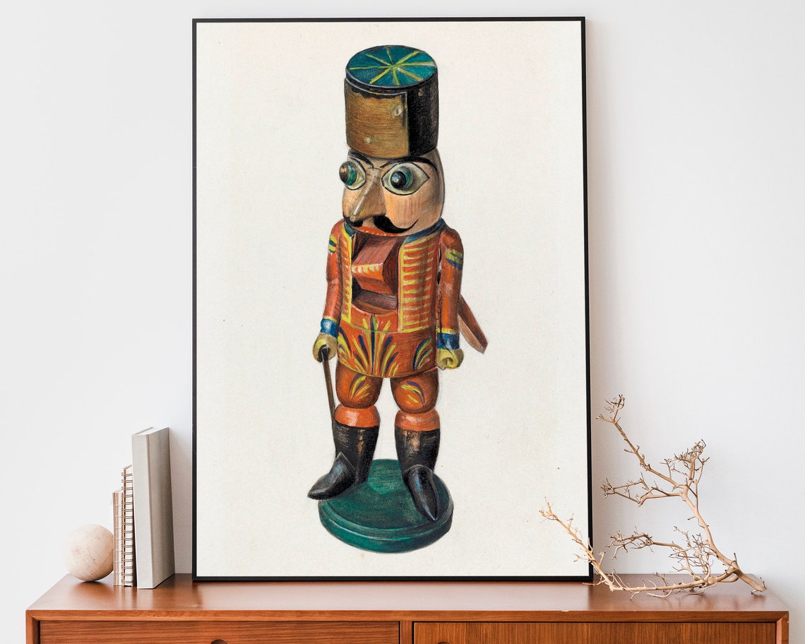 Vintage Folk Art Nutcracker Soldier Toy Red Uniform Painting Poster