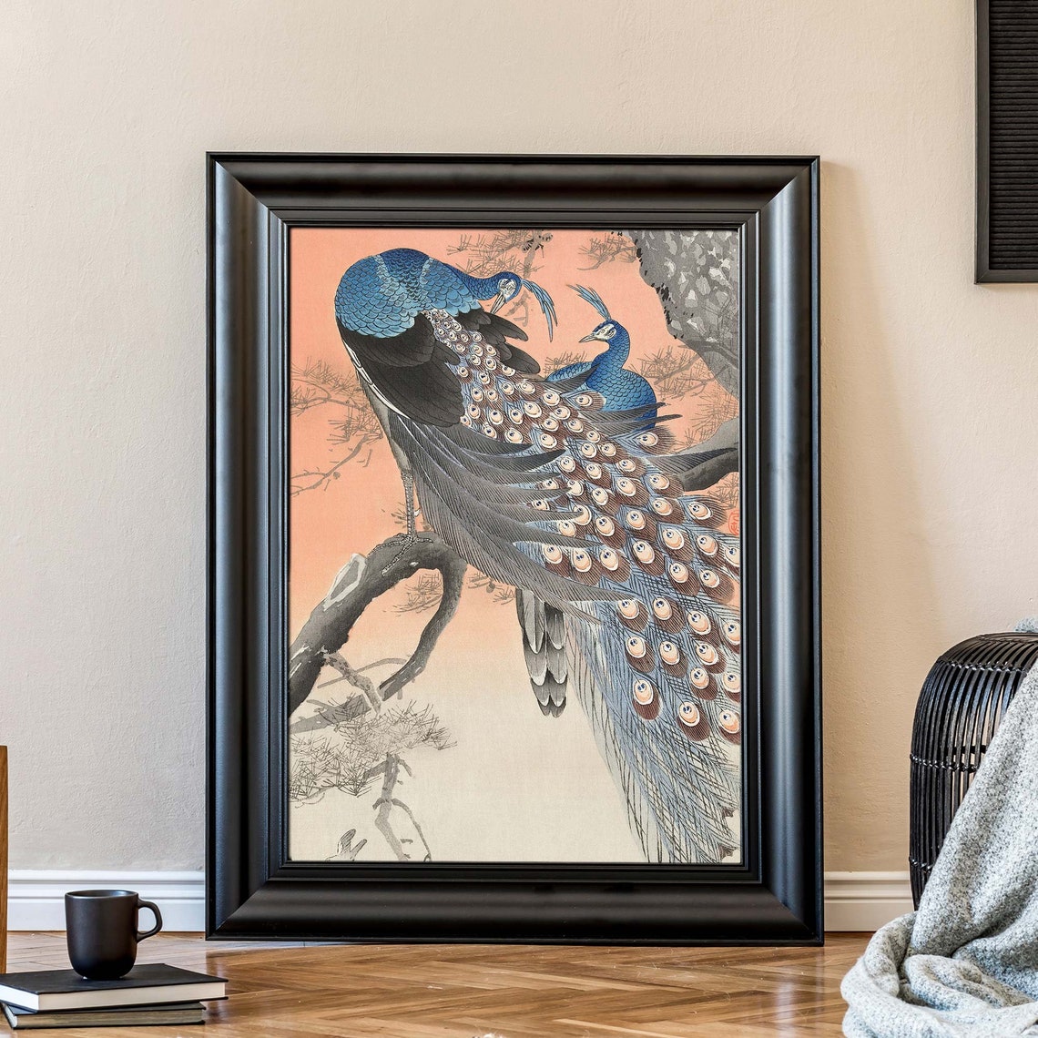 Ohara Koson Two Peacocks Perched On Pine Branch Pink Sky Poster - Image 2