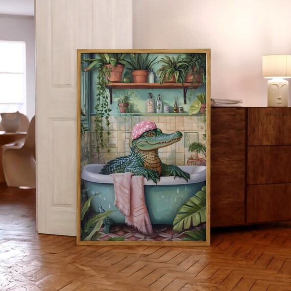 Alligator In Bathtub Botanical Vintage Funny Bathroom Poster