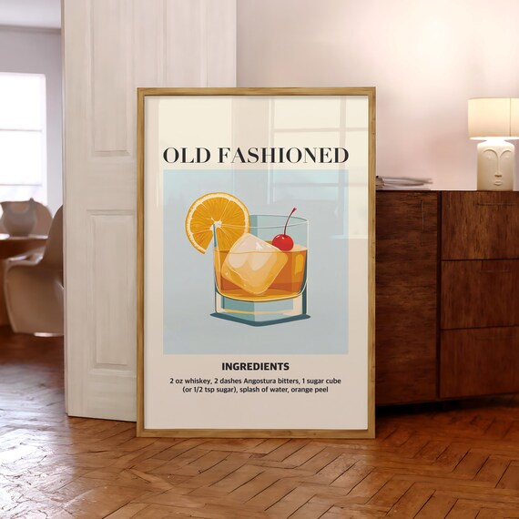 Old Fashioned Whiskey Cocktail Recipe Ingredients Bar Cart Poster