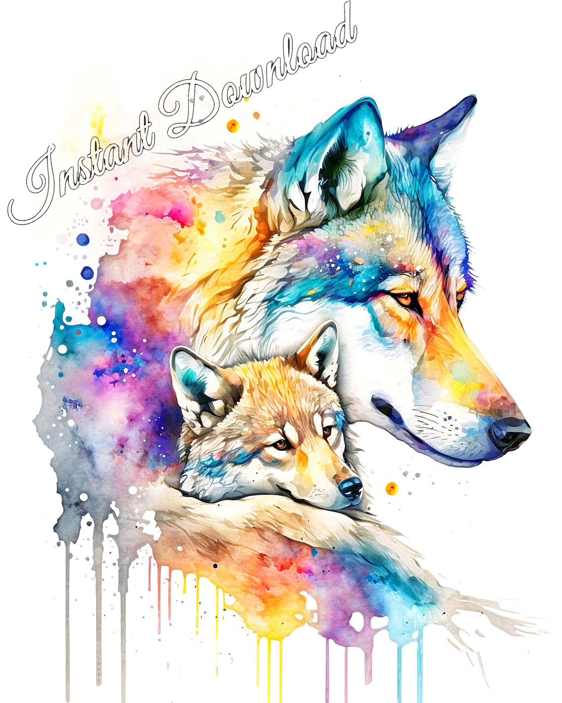 Mother Wolf And Baby Wolf Watercolor Art Print - Image 2