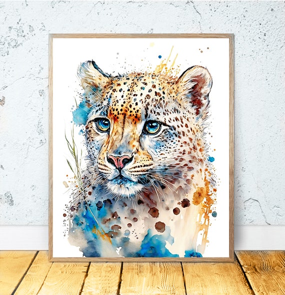 Snow Leopard Watercolor Leopard Poster, Wildlife Decor
