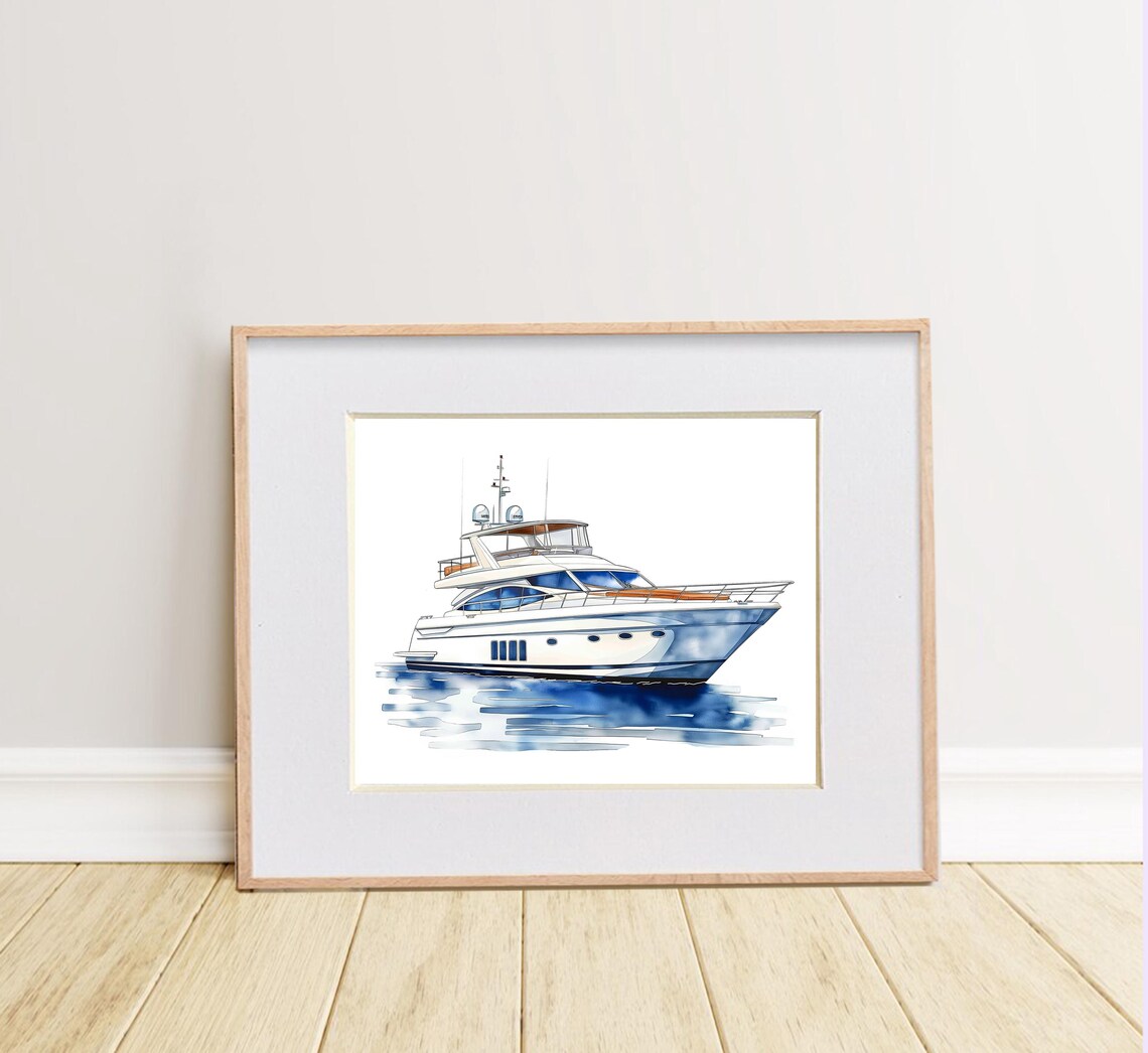 Luxury White Motor Yacht On Blue Water Nautical Watercolor Poster - Image 2