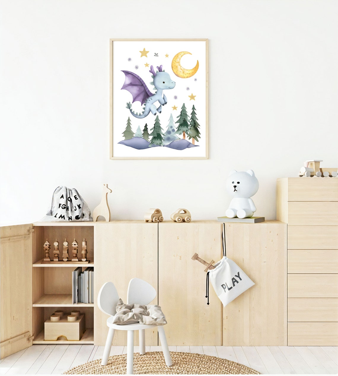 Baby Dragon Flying Over Pine Trees Under Moonlight Nursery Poster - Image 3