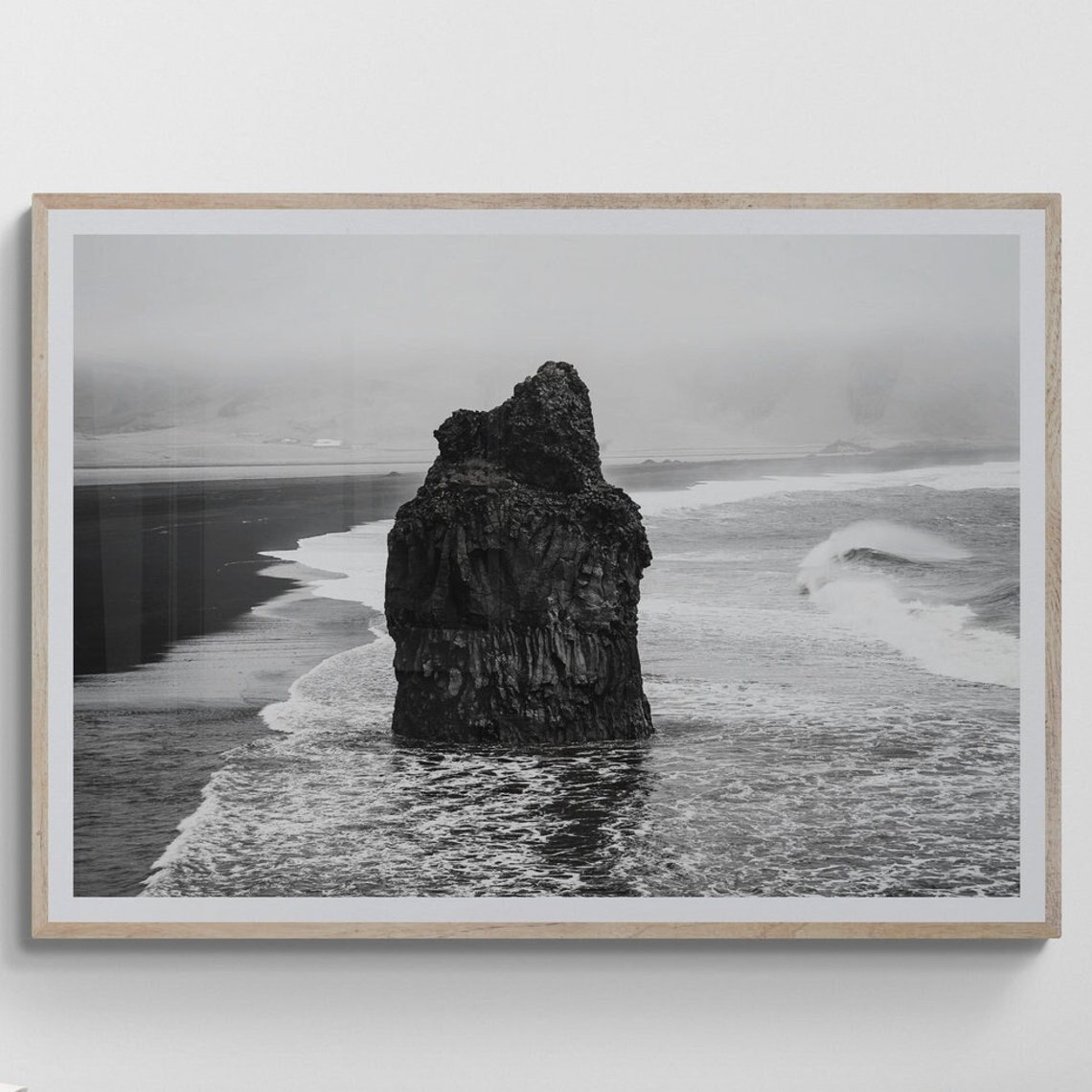 Iceland Black Sand Beach Sea Stack Black and White Photo Poster