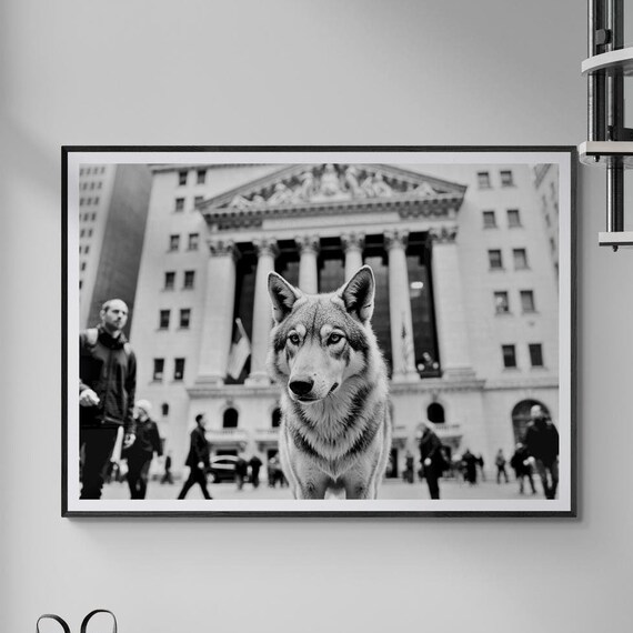Fine Art Wolf On Wall Street Black And White Print In New York Framed Photography Urban Wildlife Decor