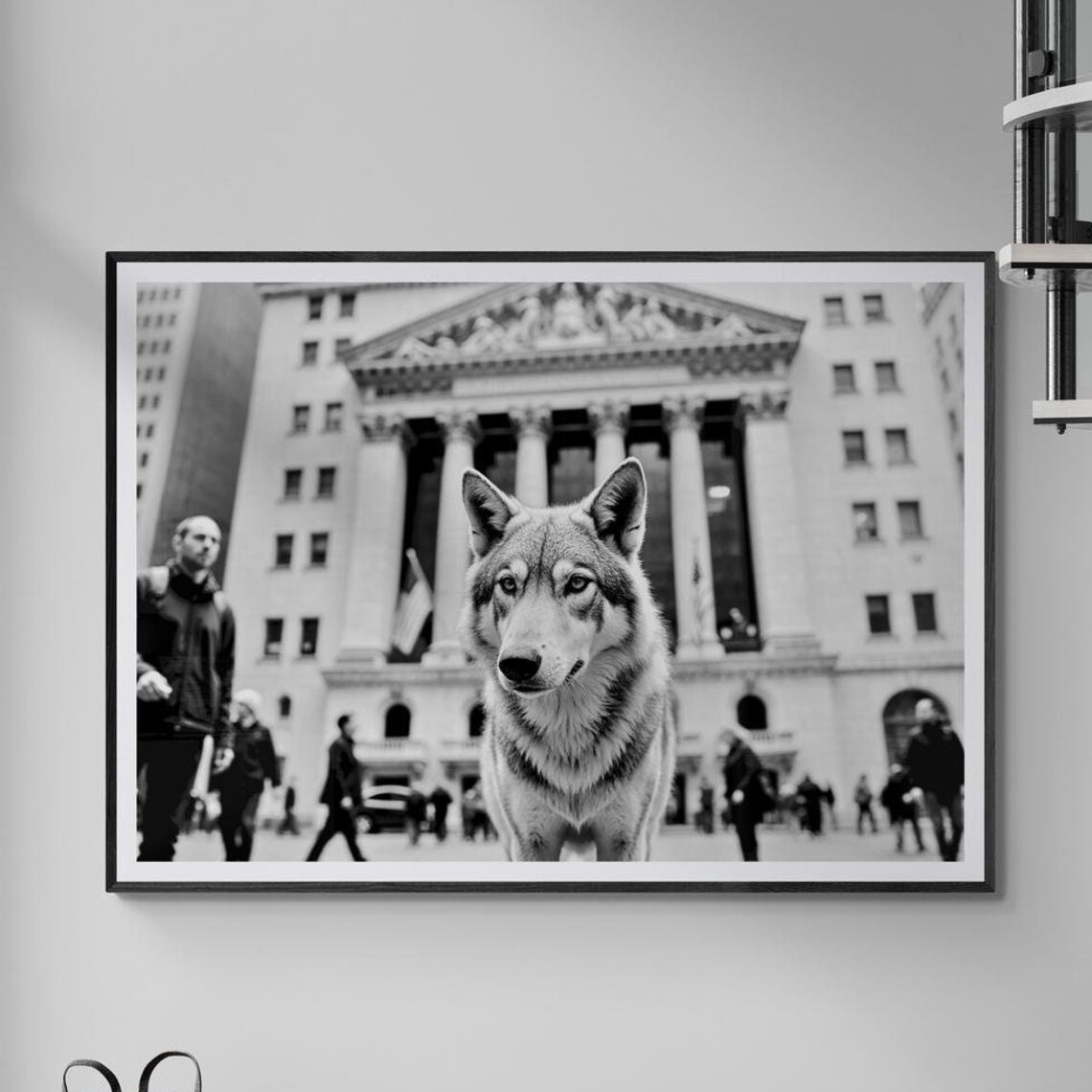 Wolf Standing in Front of Wall Street New York Black and White Poster