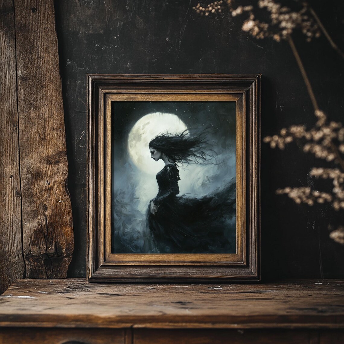 Nyx Goddess Of The Night Full Moon Dark Fantasy Oil Art Print - Image 5