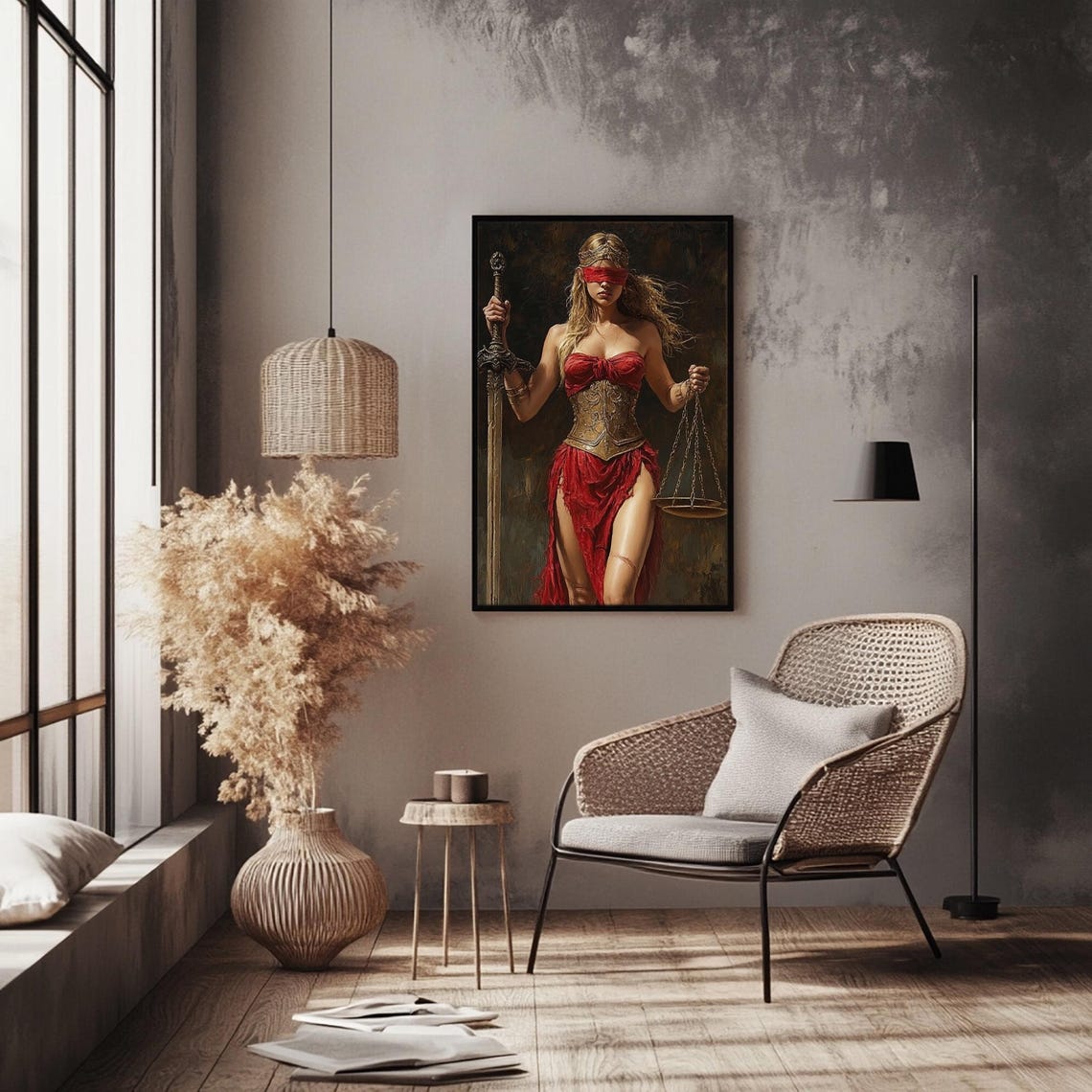 Justitia Justice Goddess In Red With Sword And Scales Art Print - Image 2