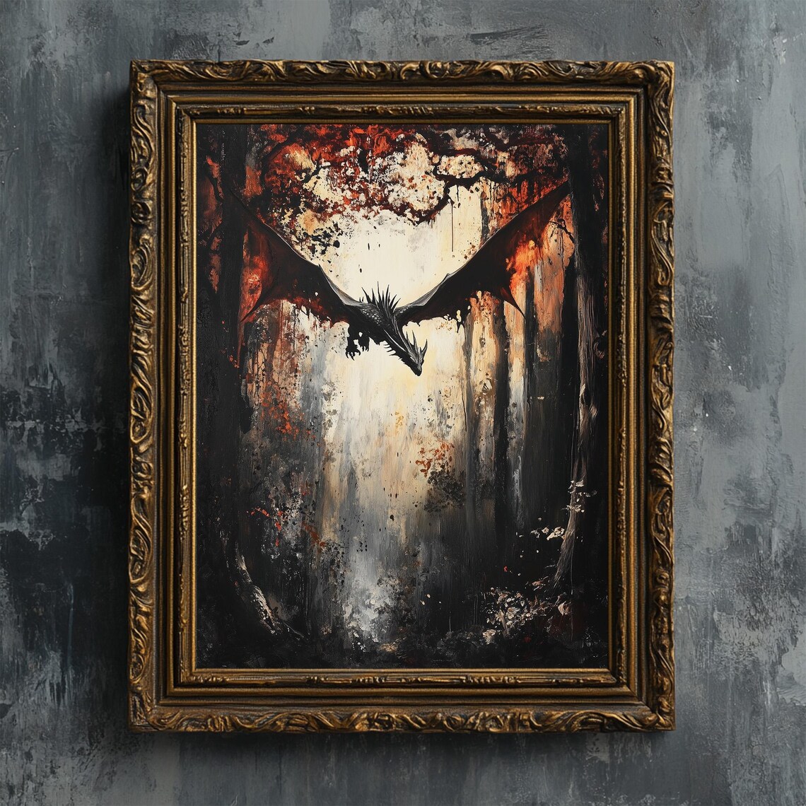 Flying Dragon In The Forest Oil Painting Art Print