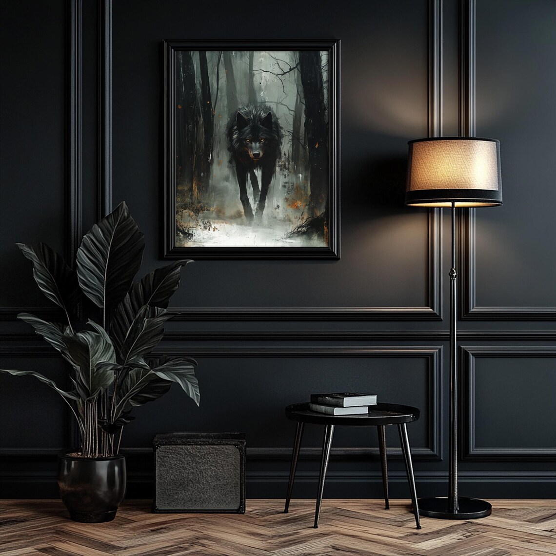 Black Wolf in Misty Forest, Oil Painting Art Print - Image 4
