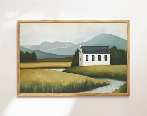 Vintage Farmhouse Landscape White Cottage River Mountains Art Print