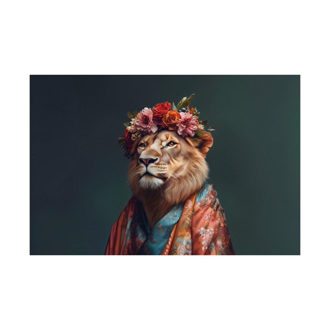 Lion Fashionista Portrait Floral Crown And Red Kimono Robe Poster - Image 2