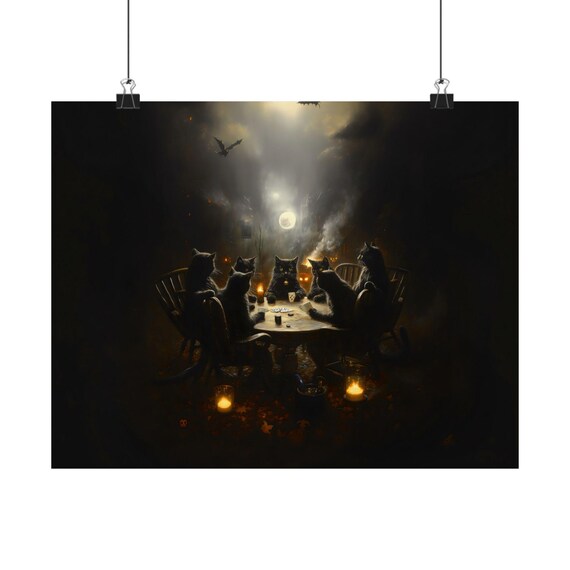 Seven Black Cats Playing Poker on Haunted Halloween Night Poster