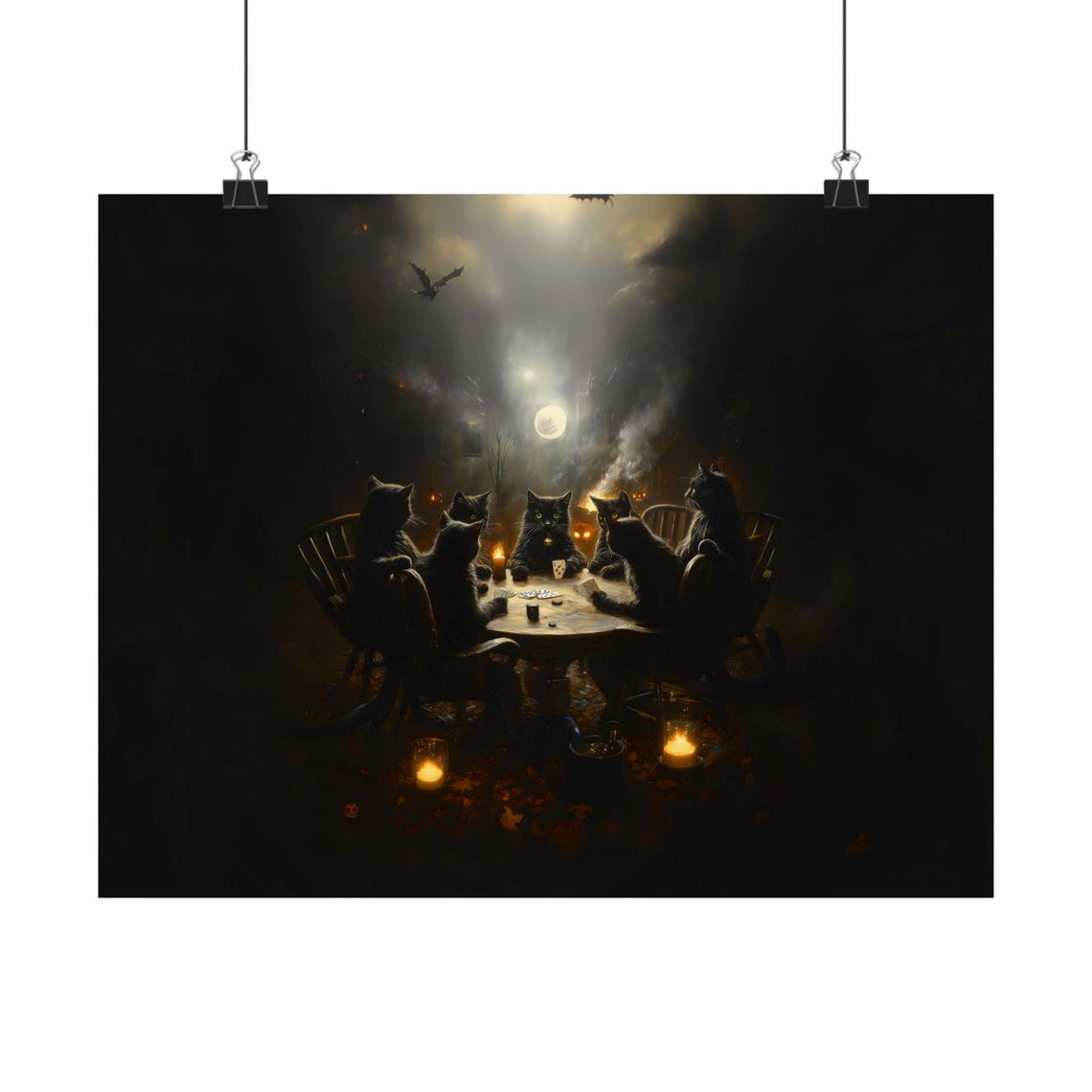 Seven Black Cats Playing Poker on Haunted Halloween Night Poster