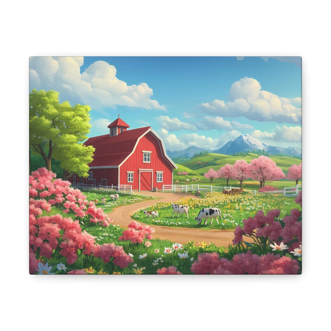 Spring Countryside Red Barn Cows Pink Blossom Nature Wall Art - Image 2
