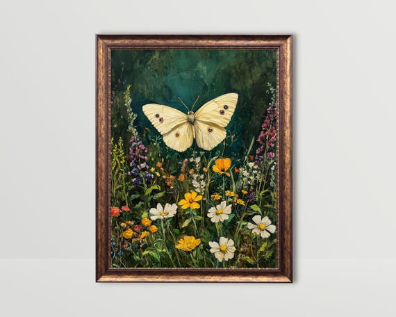 White Butterfly Dark Green Wall Art Wildflowers Print Vintage Moody Butterfly Prints Flower Field Painting Light Academia Art