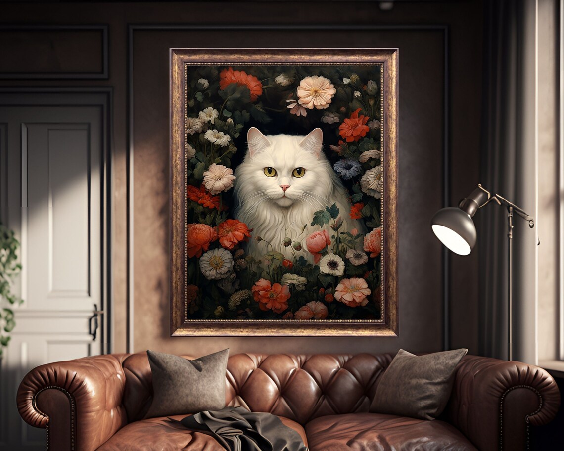 White Long Haired Cat Among Dark Moody Garden Flowers Poster - Image 4