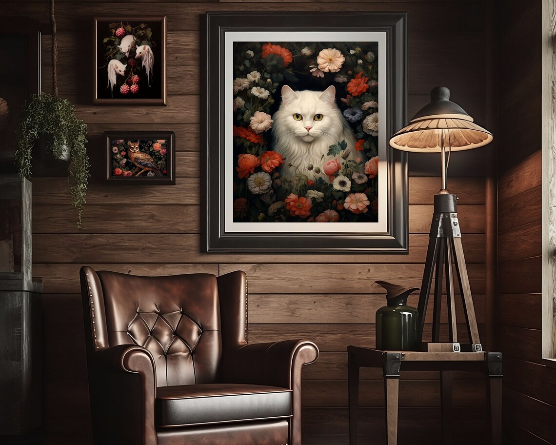 White Long Haired Cat Among Dark Moody Garden Flowers Poster - Image 2
