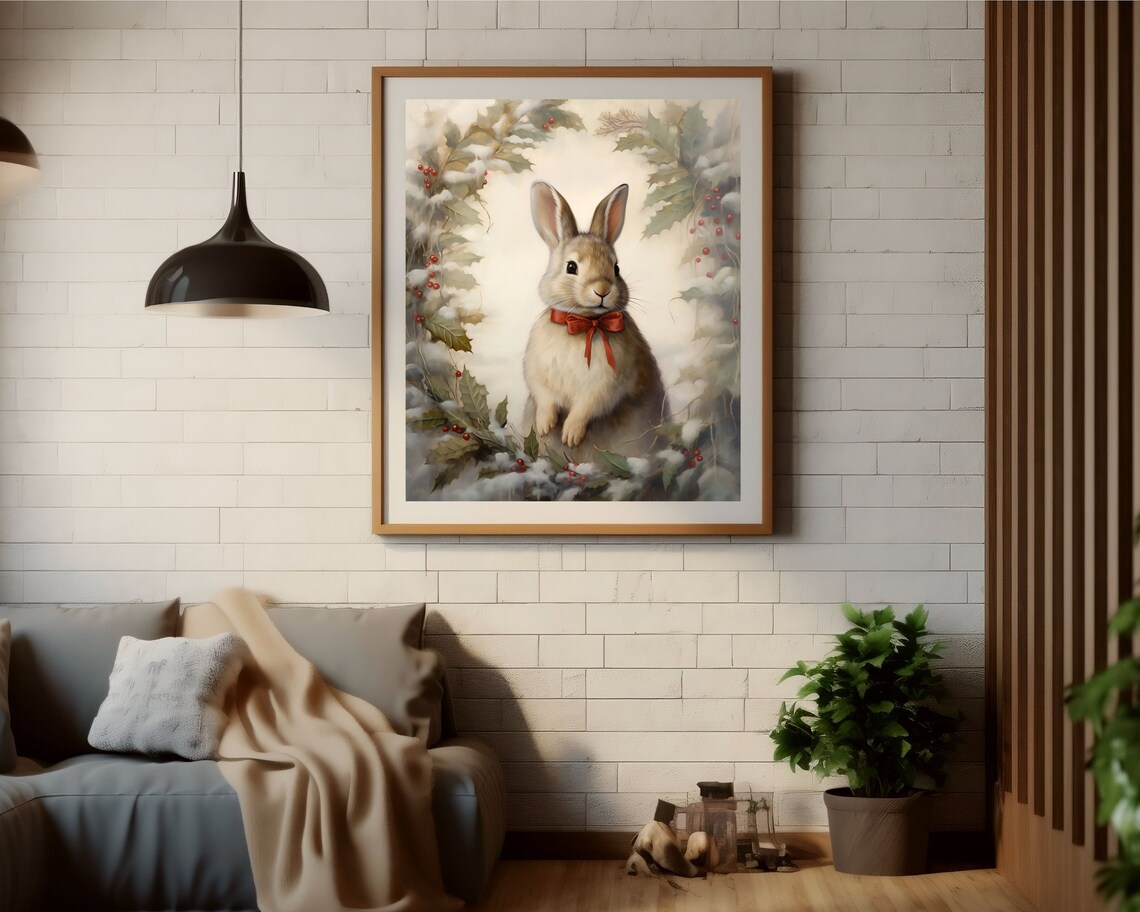 Vintage Winter Rabbit Snowy Forest Art Print - Image 4
