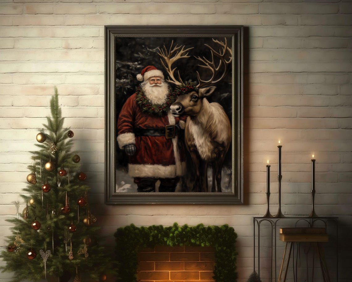 Vintage Santa Reindeer Christmas Wall Art Print - Image 4