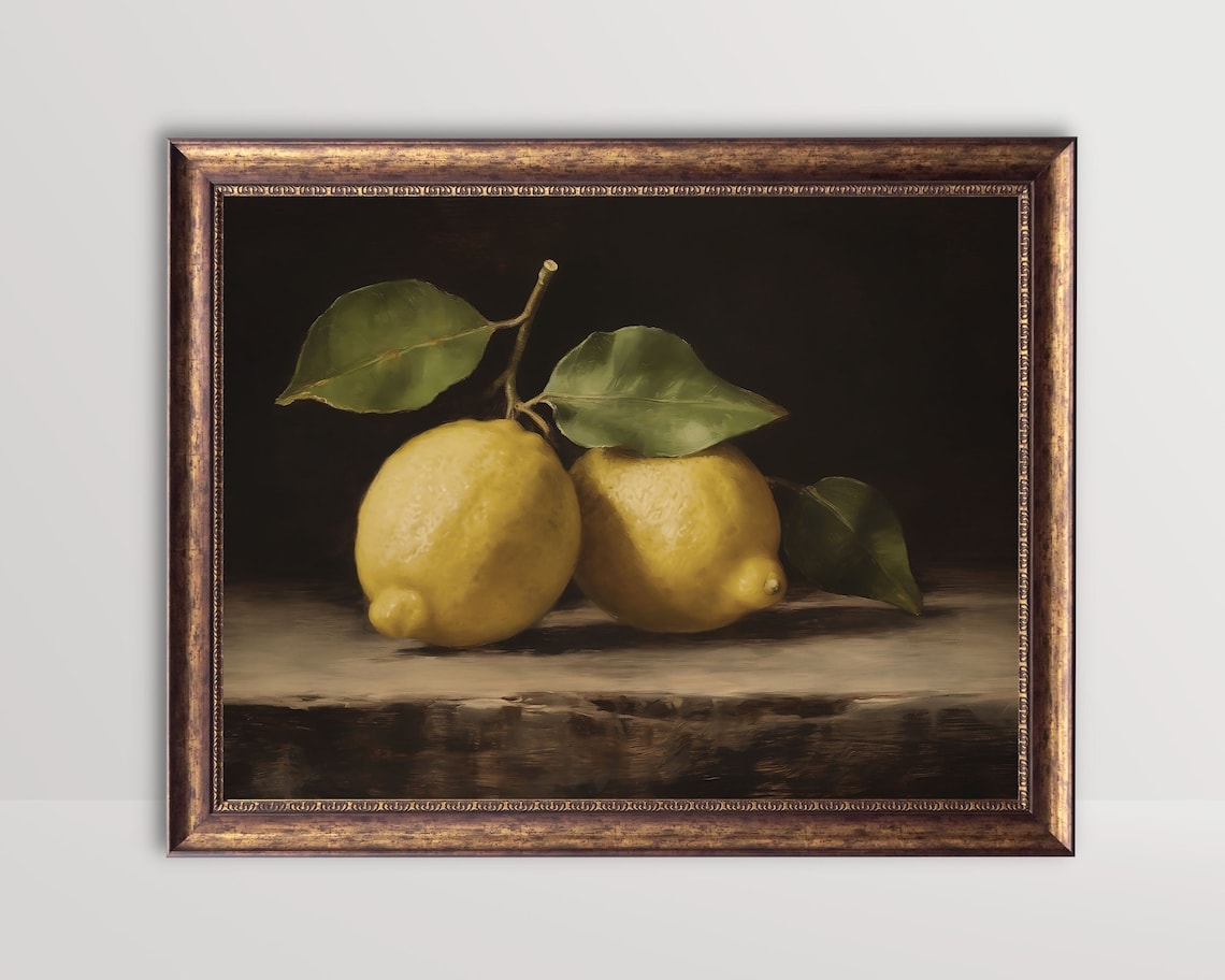 Lemon Still Life, Vintage Citrus Oil Painting Art Print