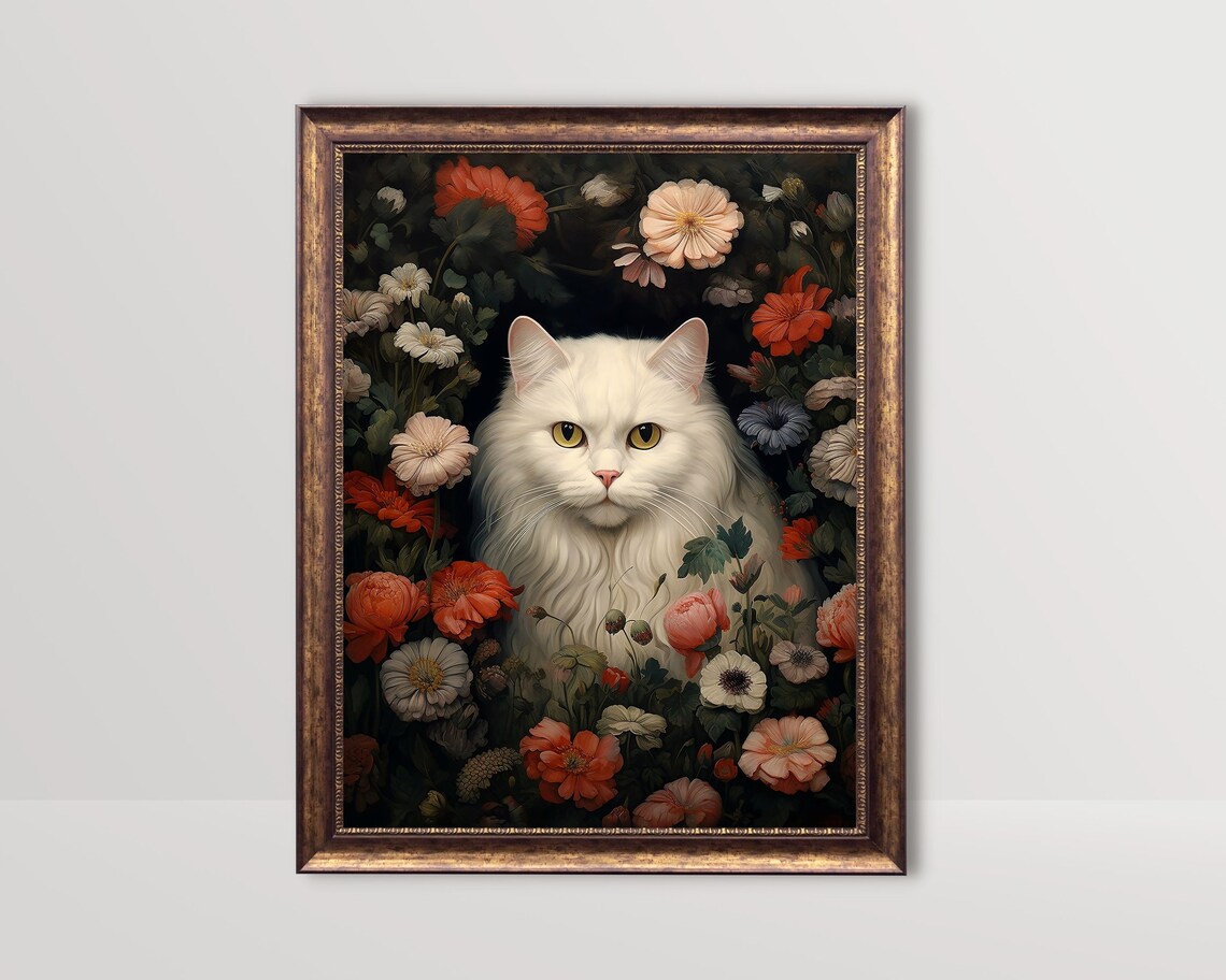 White Long Haired Cat Among Dark Moody Garden Flowers Poster