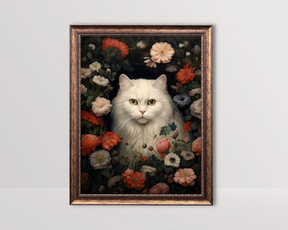 White Long Haired Cat Among Dark Moody Garden Flowers Poster