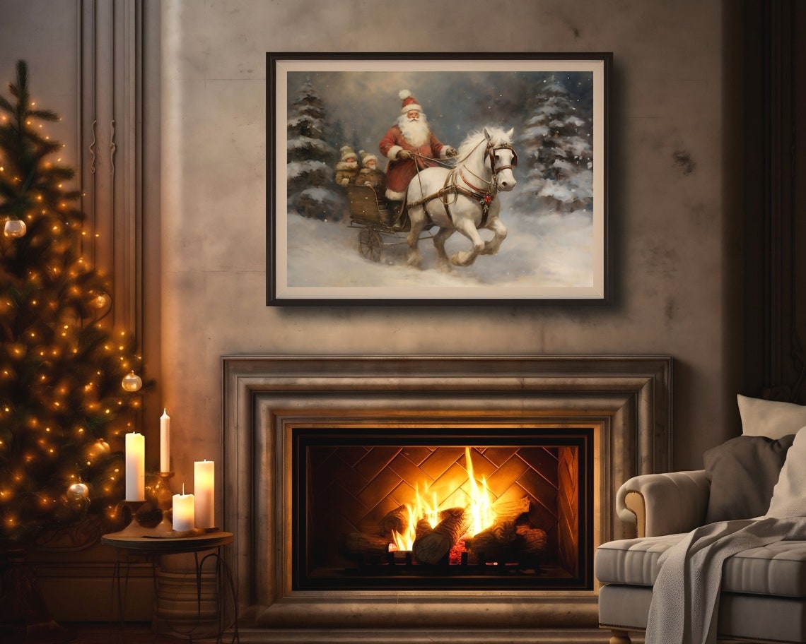 Santa Horse Sleigh Rustic Christmas Wall Art Festive Home Decor Farmhouse Holiday Print Vintage Winter Oil Painting Western Xmas - Image 3