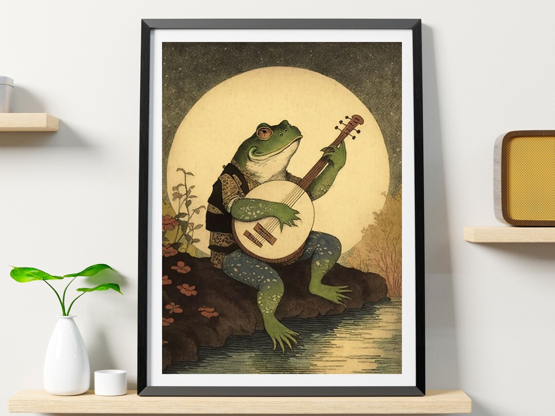 Frog Playing Banjo in Moonlight, Vintage Poster