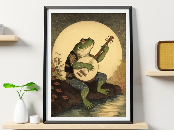 Frog Playing Banjo in Moonlight, Vintage Poster