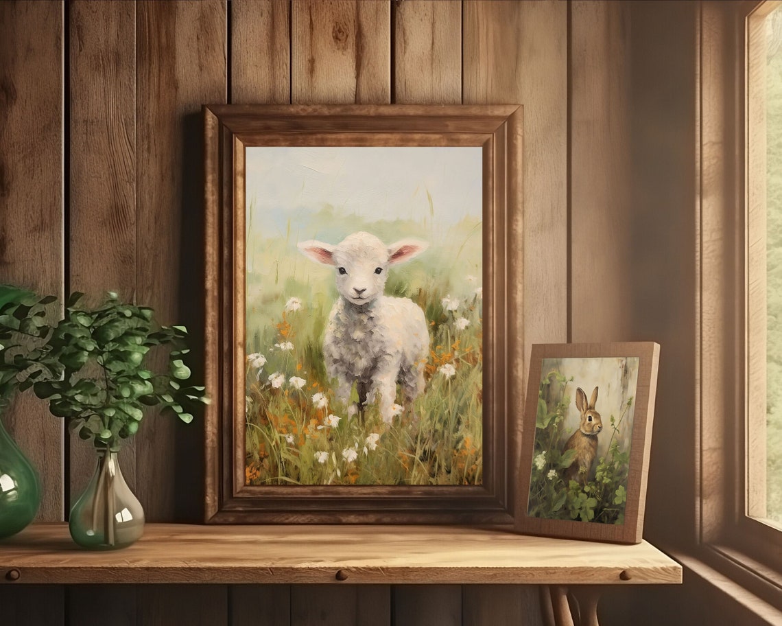Vintage Lamb Oil-Painting-Style Art Print, Rustic Farmhouse - Image 3