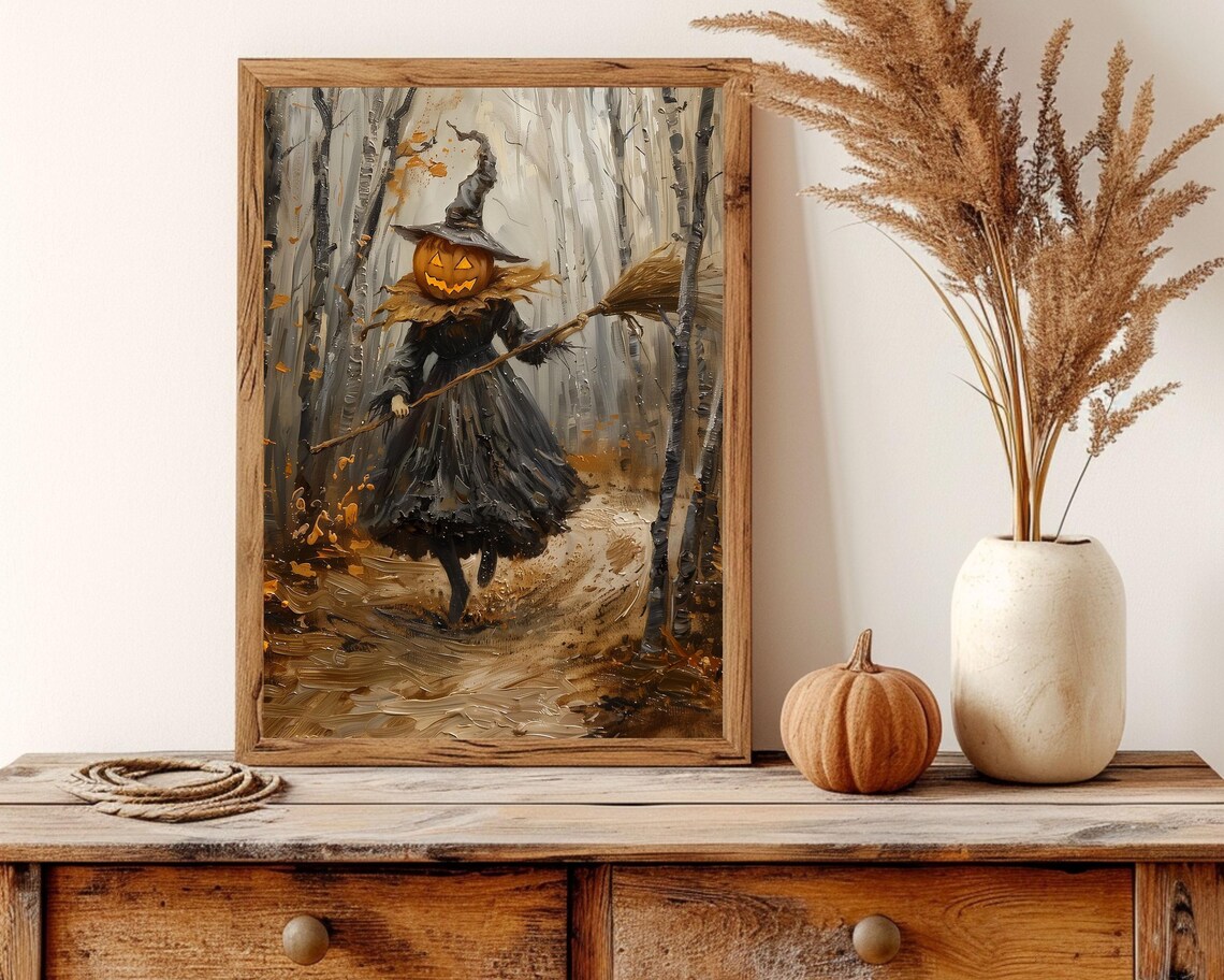 Pumpkin Head Witch With Broom Walking An Autumn Birch Forest Poster - Image 4