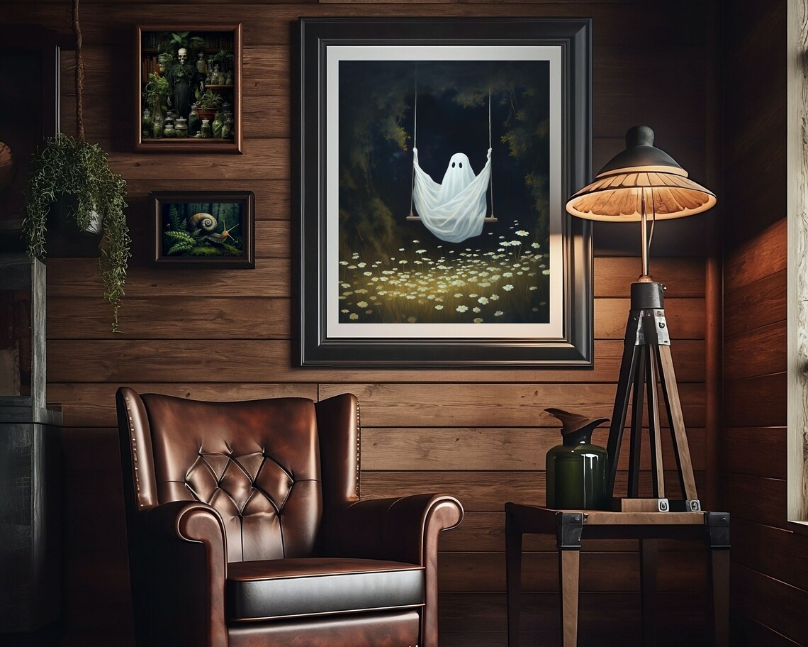 Ghost on Swing, Dark Cottagecore Spooky Art Print - Image 3