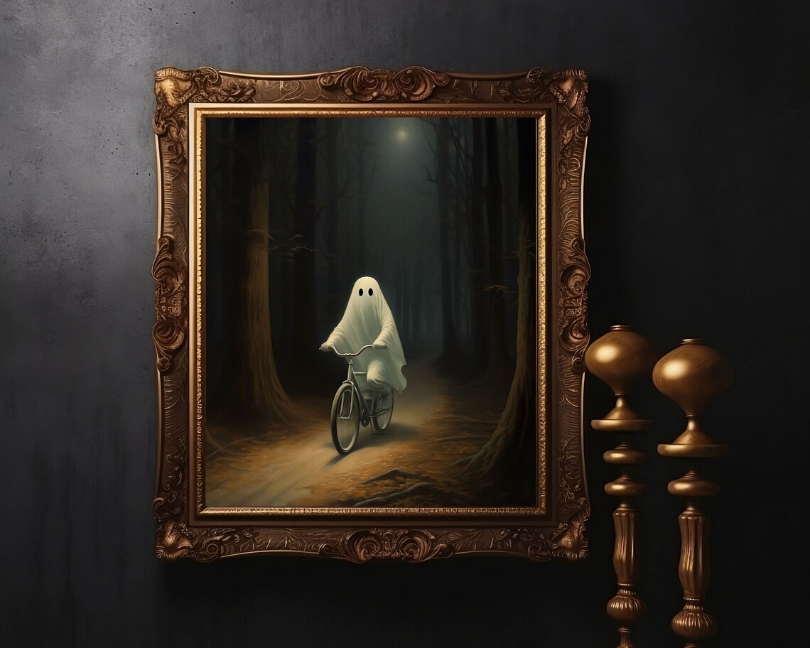 Cute Ghost Riding A Bike Through A Dark Moonlit Forest Art Print - Image 2