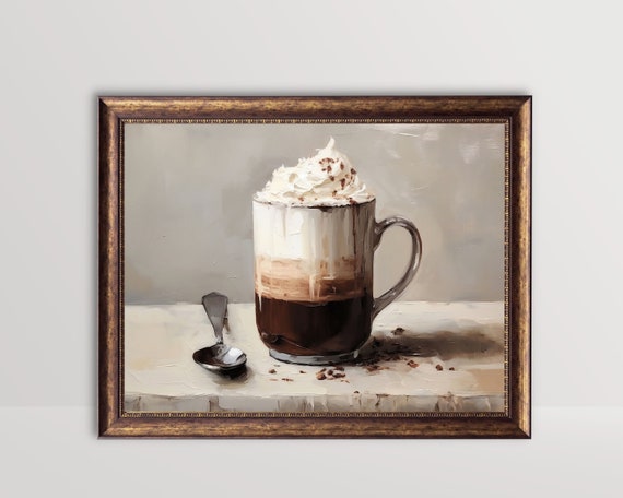 Hot Chocolate With Whipped Cream Cozy Winter Wall Art Rustic Farmhouse Decor Still Life Kitchen Oil Painting Hot Cocoa Print