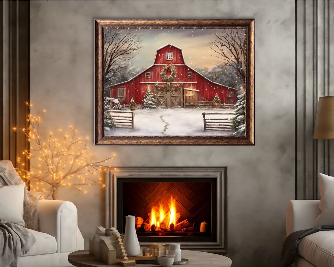 Christmas Farm Red Barn, Rustic Holiday Poster Print - Image 2