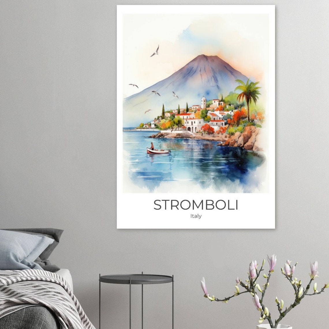 Stromboli Italy Volcano Island Village Watercolor Travel Poster - Image 3